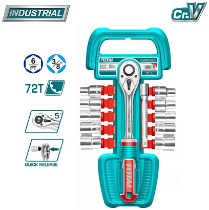 THT381121 - "ТОТАL" Ключ трещеточный 3/8, с набором торцовых головок 12 предметов.