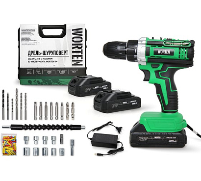 Дрель-шуруповерт WORTEN 2x2.0Ач, 21В, с набором 63 инструмента IM КА-90000574