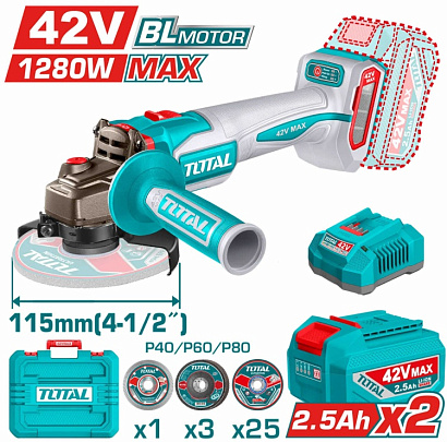 TAGLI4128112 - "ТОТАL" Аккумуляторная углошлифовальная машинка 42V (1280W)
