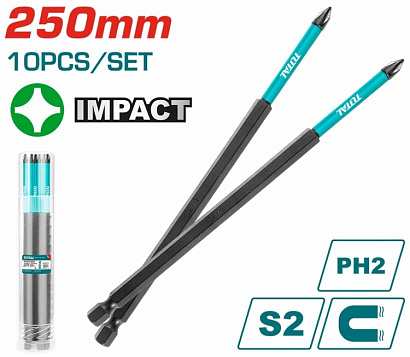 TACIM16PH2103 - "ТОТАL" Биты ударные 250мм, PH2, 10шт.