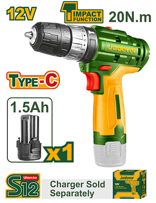 JDCDS540, Jadever, Дрель ударная аккумуляторная 12В, 20N.m, X1